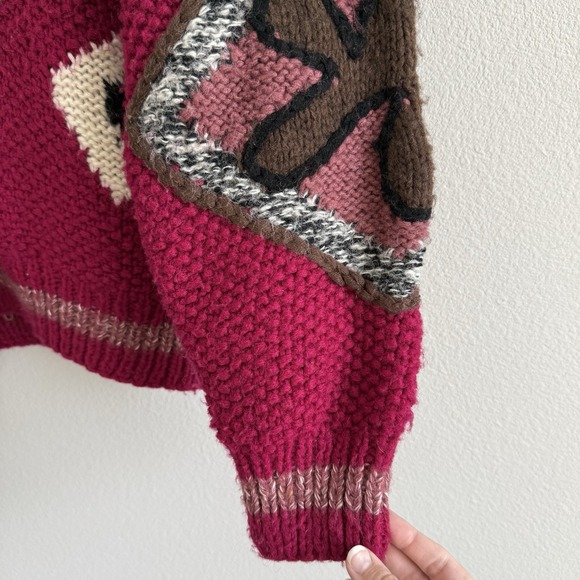 Vintage 80s Mohair Knit Sweater Pink Womens Medium Maximalism Tribal Winter - Picture 3 of 10